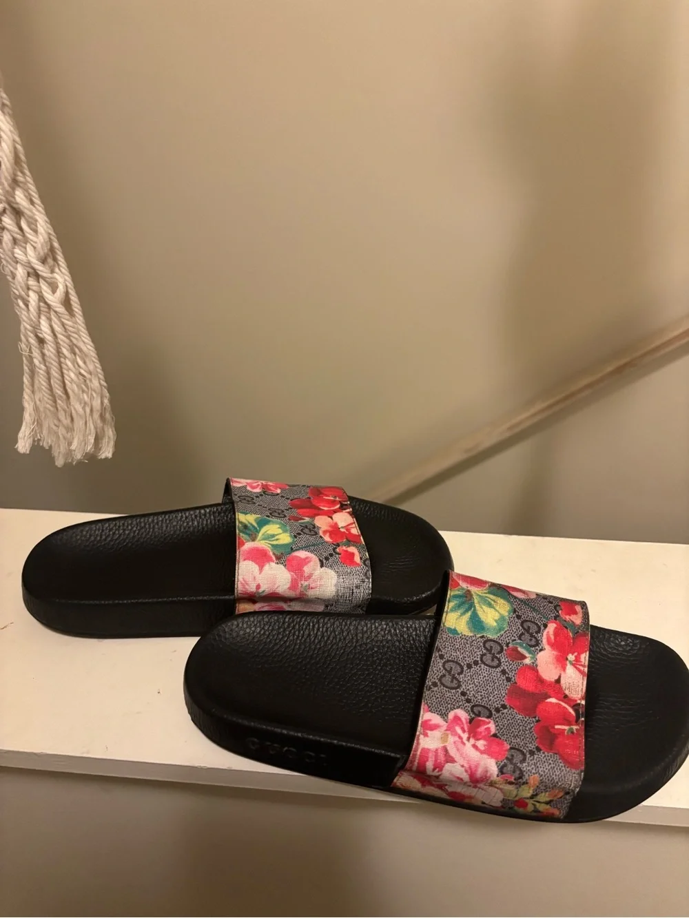 Gucci Black Slide Sandals with Floral Canvas Strap